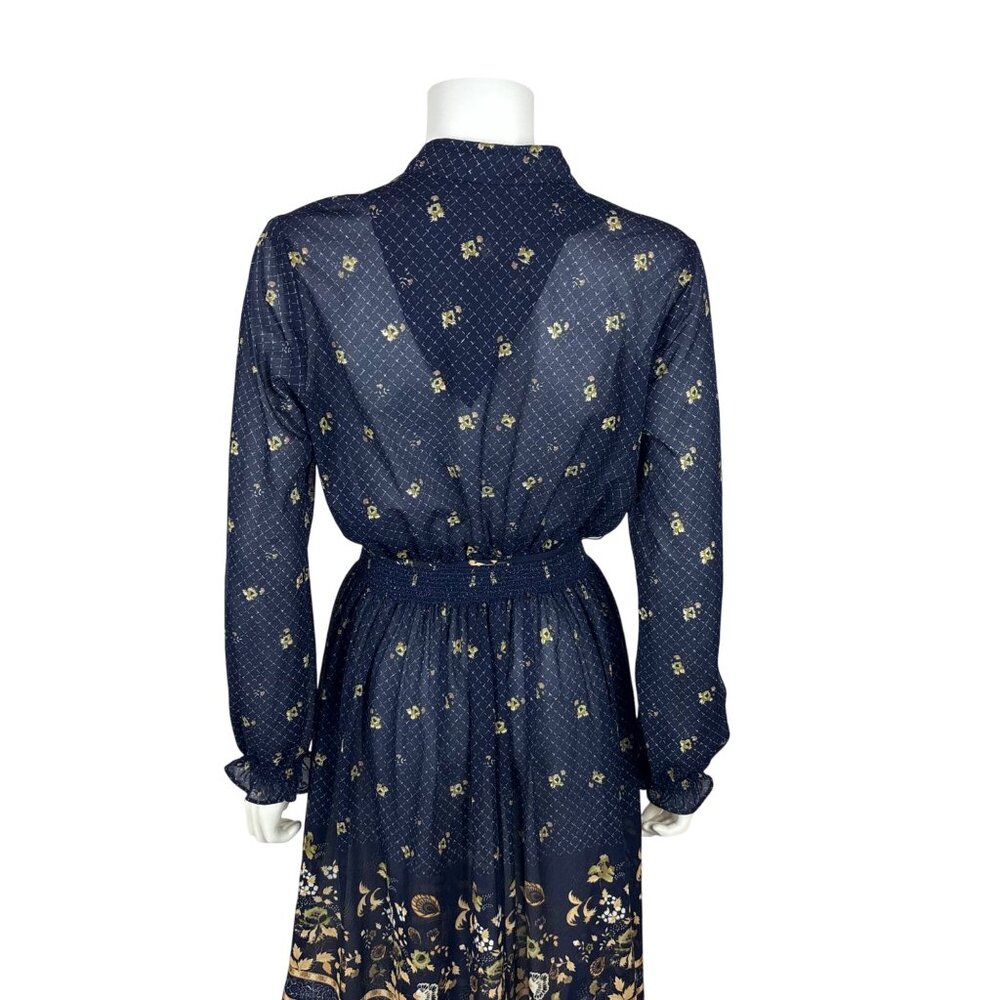Vintage 80s Sheer Dress Womens M Navy Blue Peacock Floral Border Print - Picture 9 of 11
